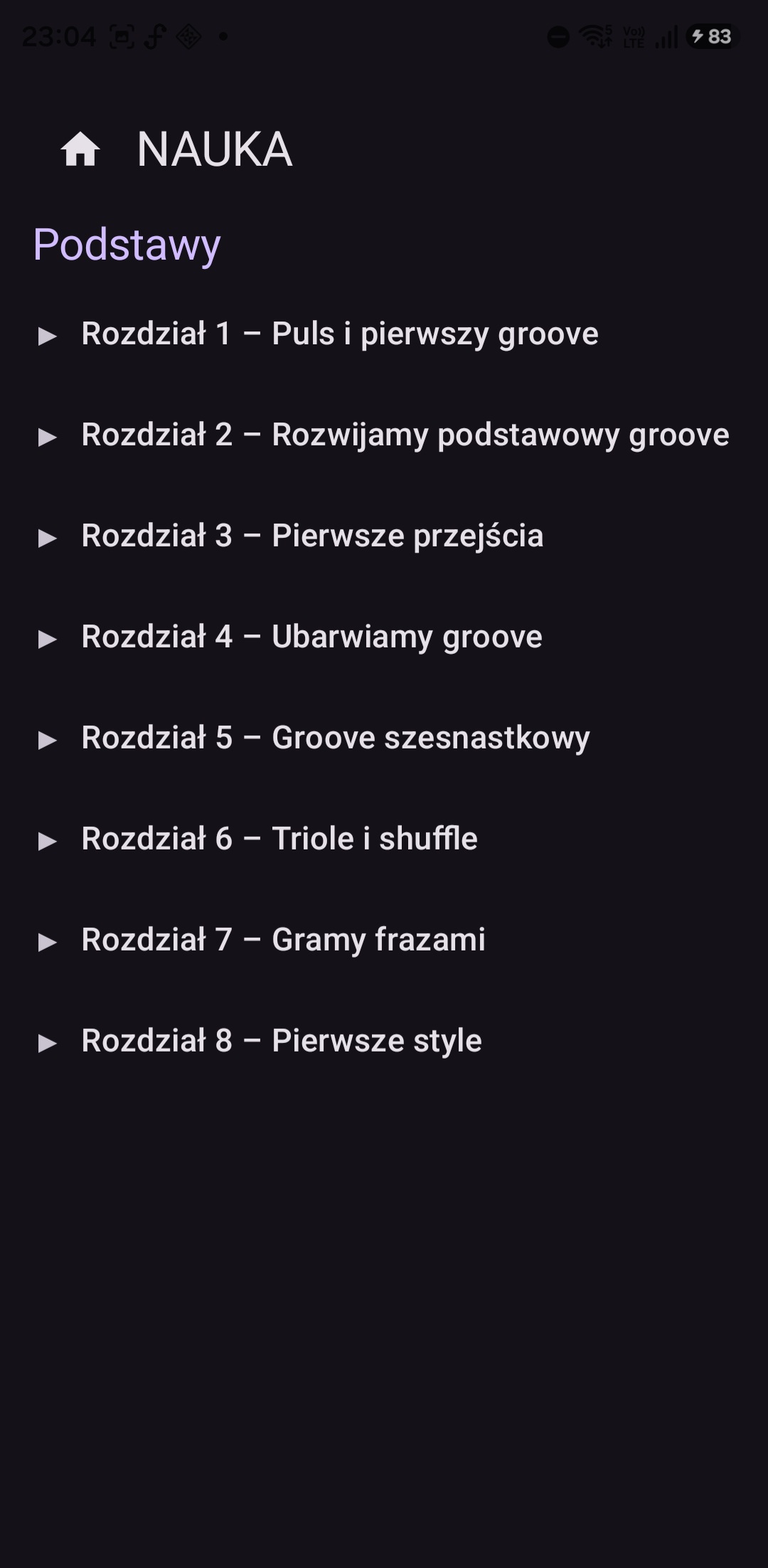 Lista ośmiu rozdziałów kursu DrumTrainer