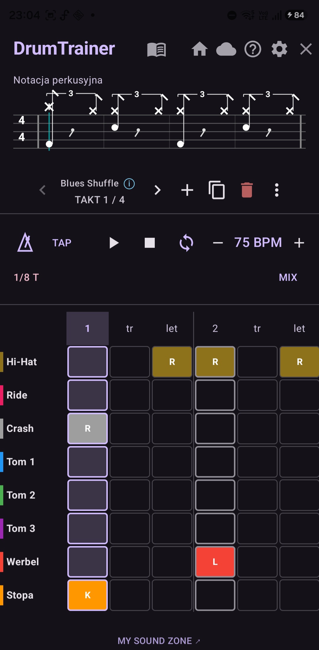 Ćwiczenie Blues Shuffle z siatką i notacją perkusyjną