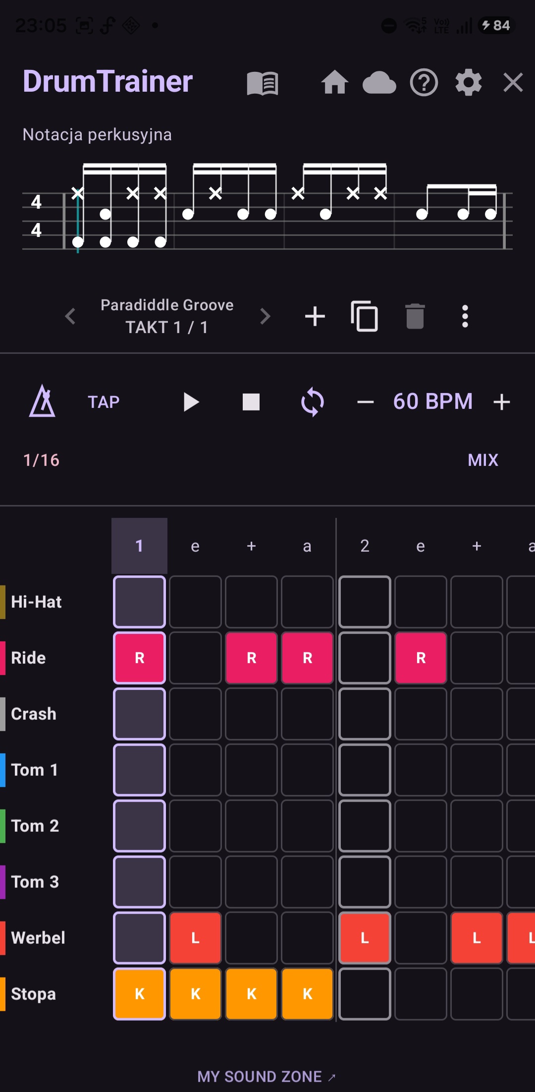 Edytor Groove & Fill z ośmioma ścieżkami instrumentów