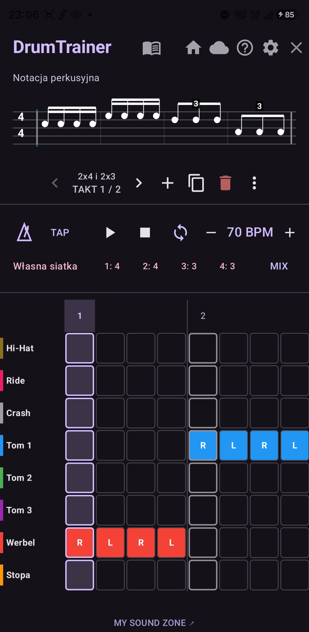 Custom Grid 4 4 3 3 w edytorze DrumTrainer