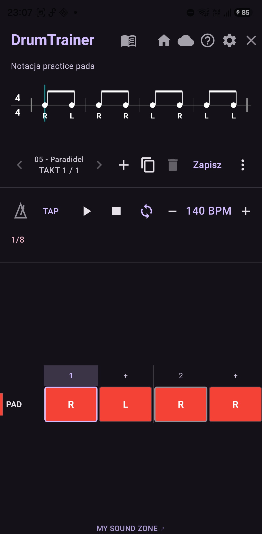 Rudiment Pad z zapisem R L, notacją i regulacją BPM