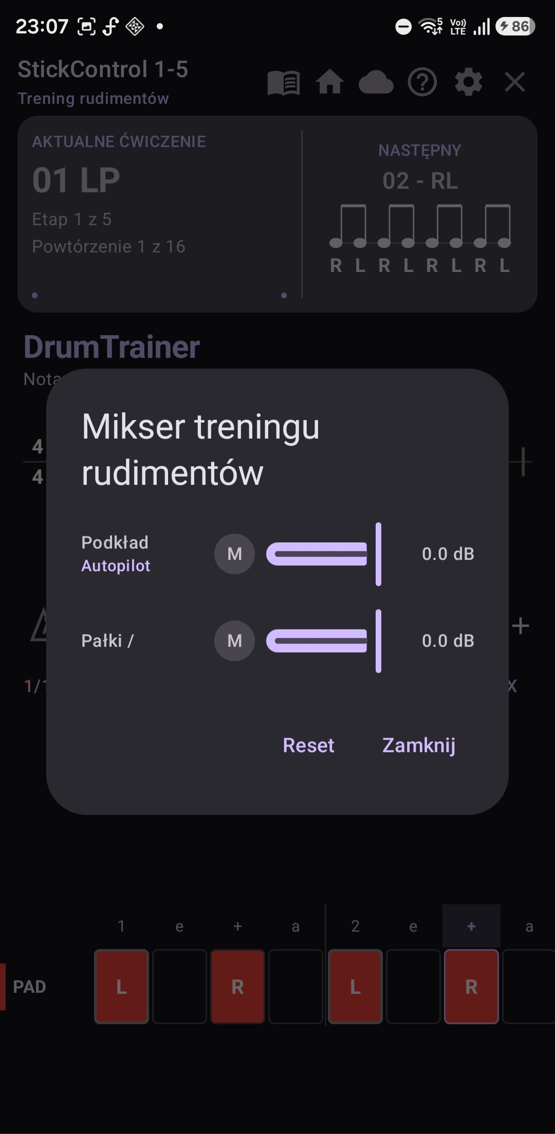 Mikser treningu rudimentów z poziomem podkładu i pałek