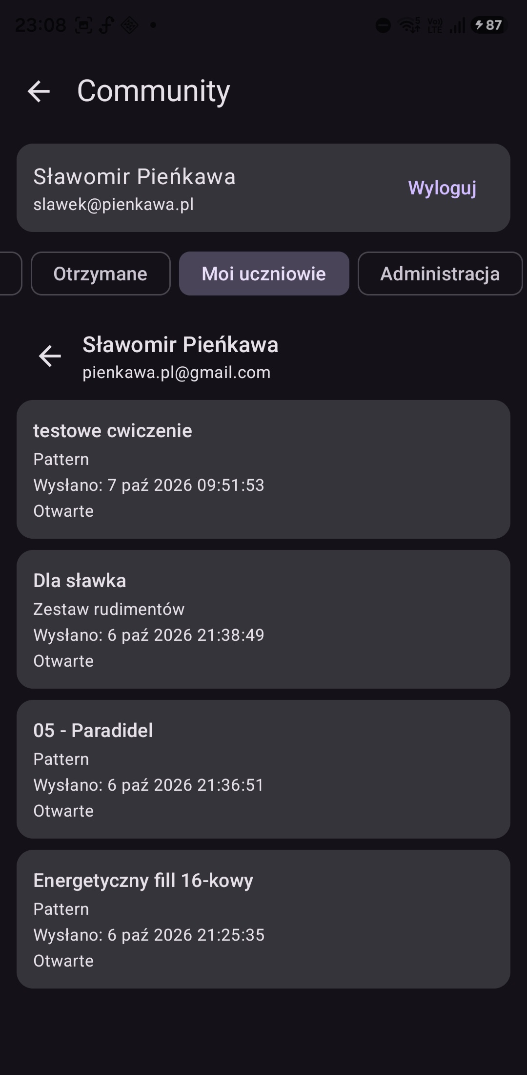 Historia ćwiczeń wysłanych uczniowi ze statusem otwarcia