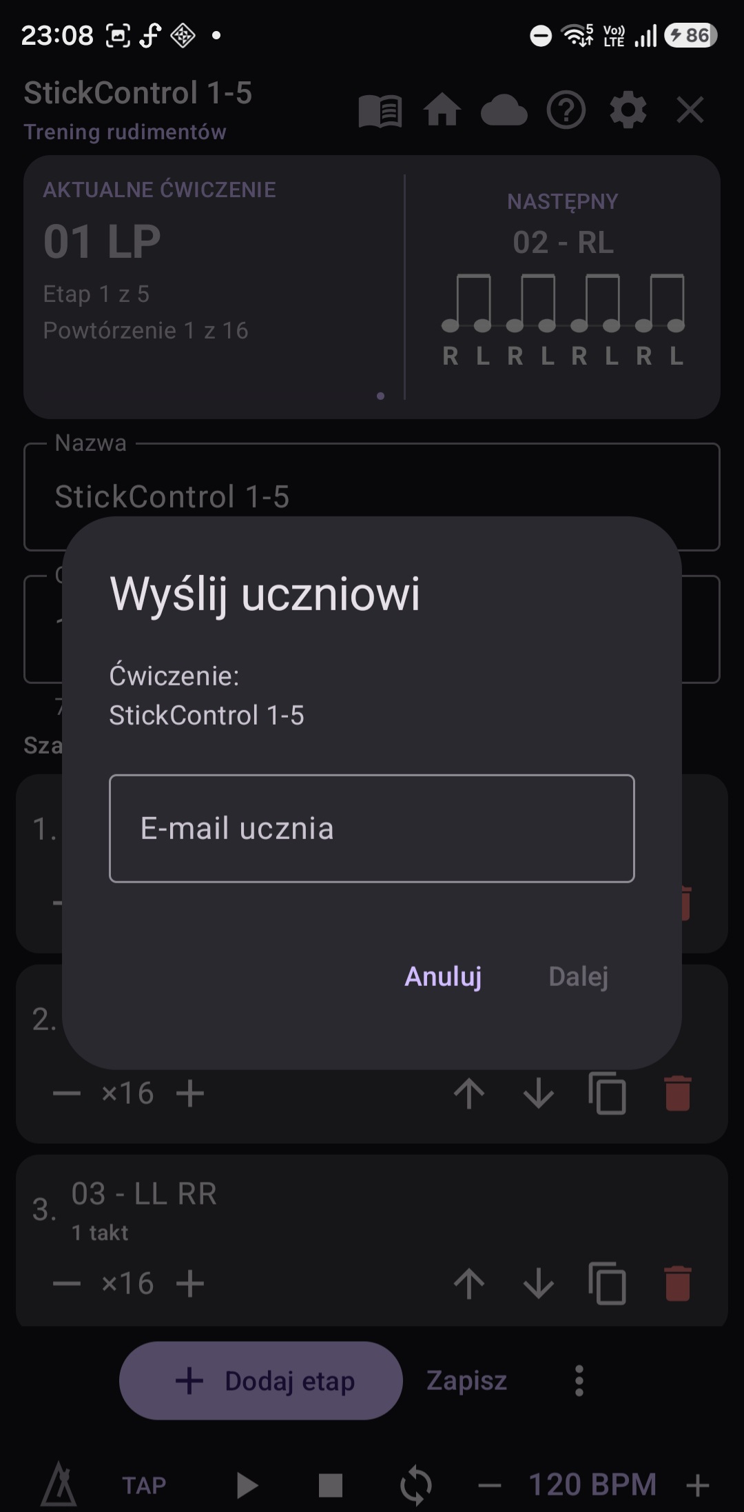 Okno Wyślij uczniowi z polem adresu e-mail