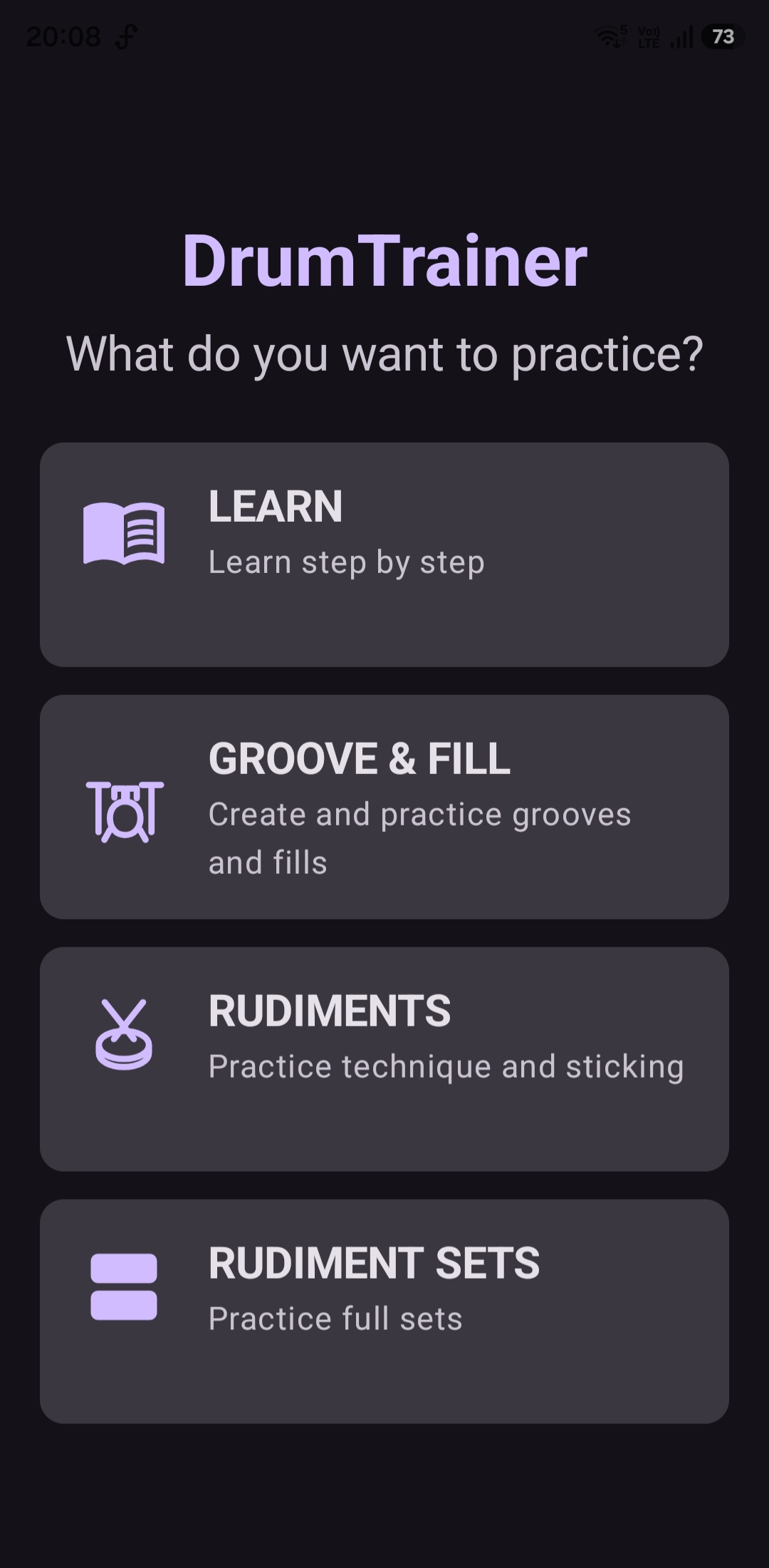 DrumTrainer home screen with four practice modules